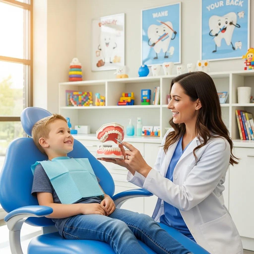 Child smiling in a dental office with orthodontist, showcasing the importance of early orthodontic evaluation