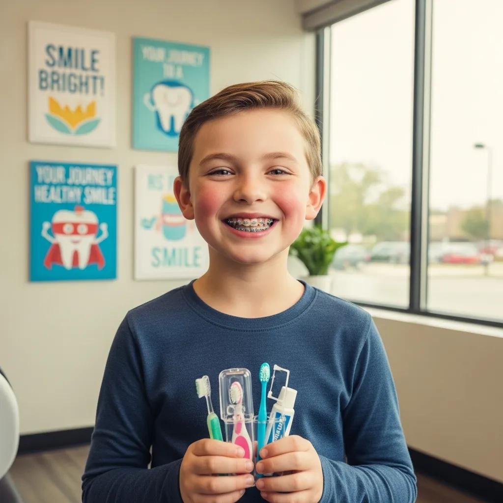 Child with colorful braces smiling confidently, representing the benefits of early orthodontic treatment