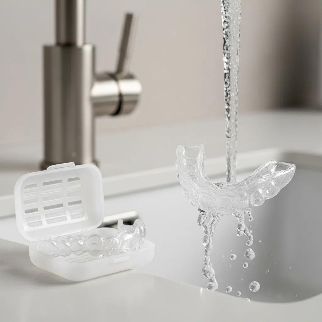 Cleaning and storing a sports mouthguard in a bright kitchen setting, highlighting maintenance practices