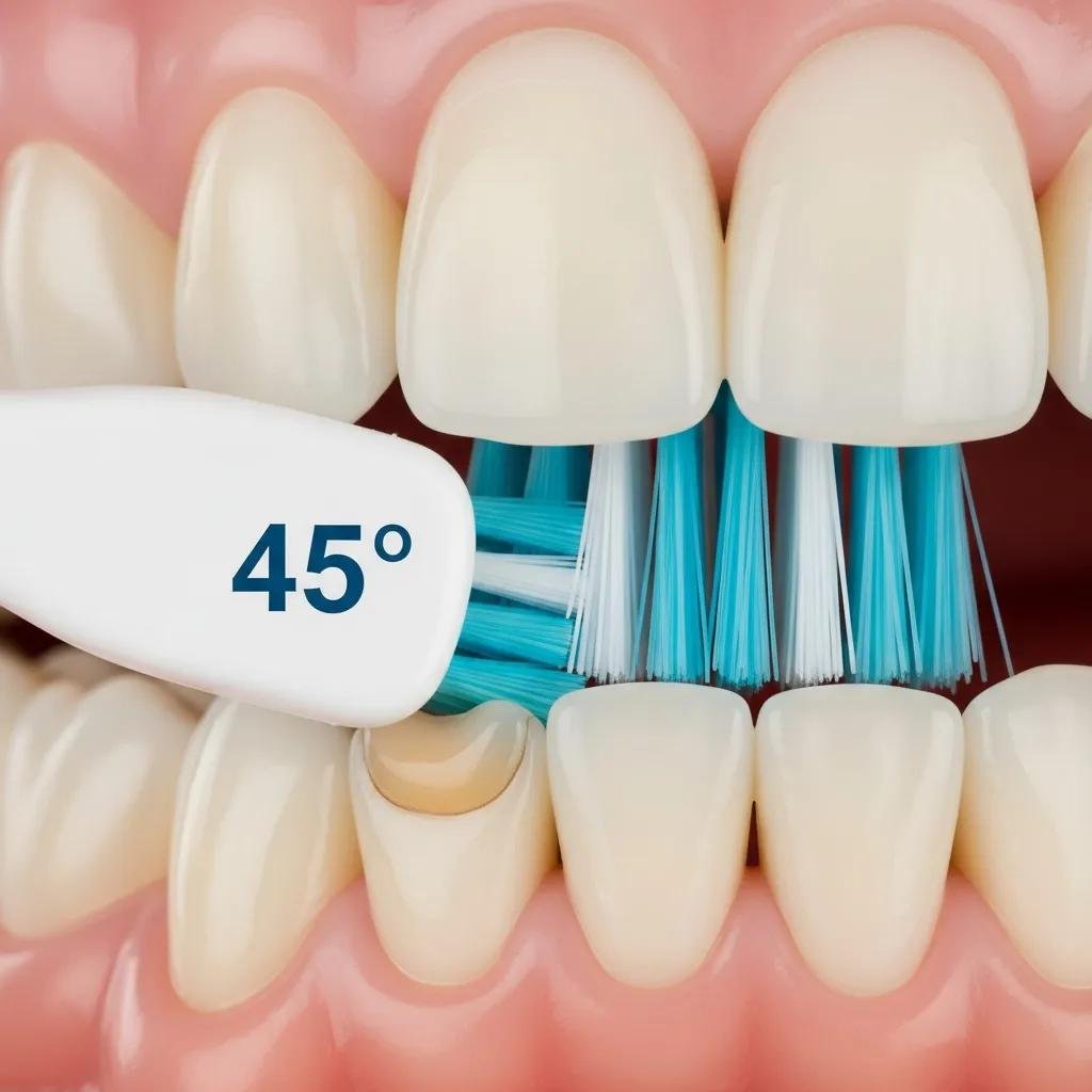 Close-up of toothbrush demonstrating the Bass brushing technique for gumline cleaning