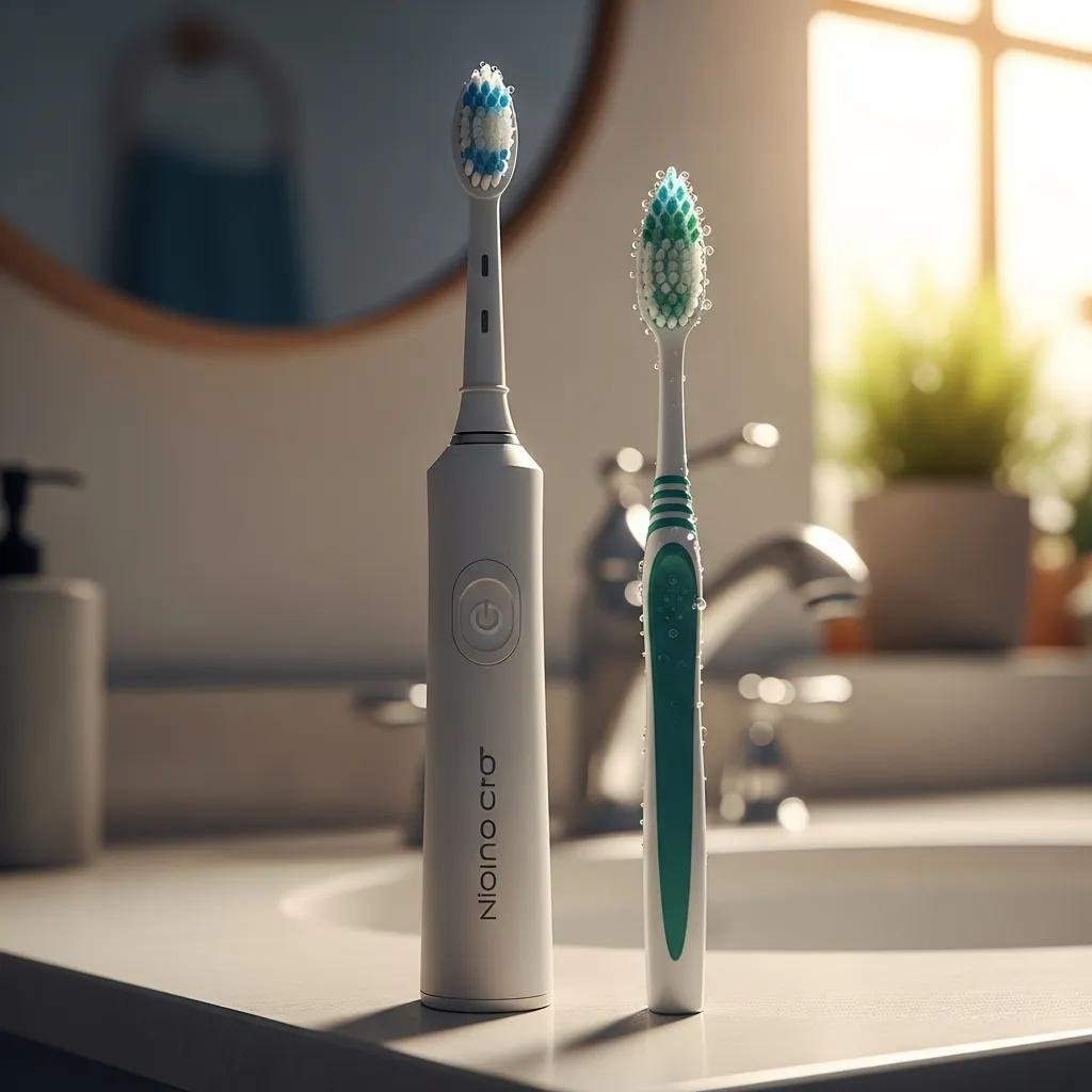 Comparison of electric and manual toothbrushes on a bathroom countertop