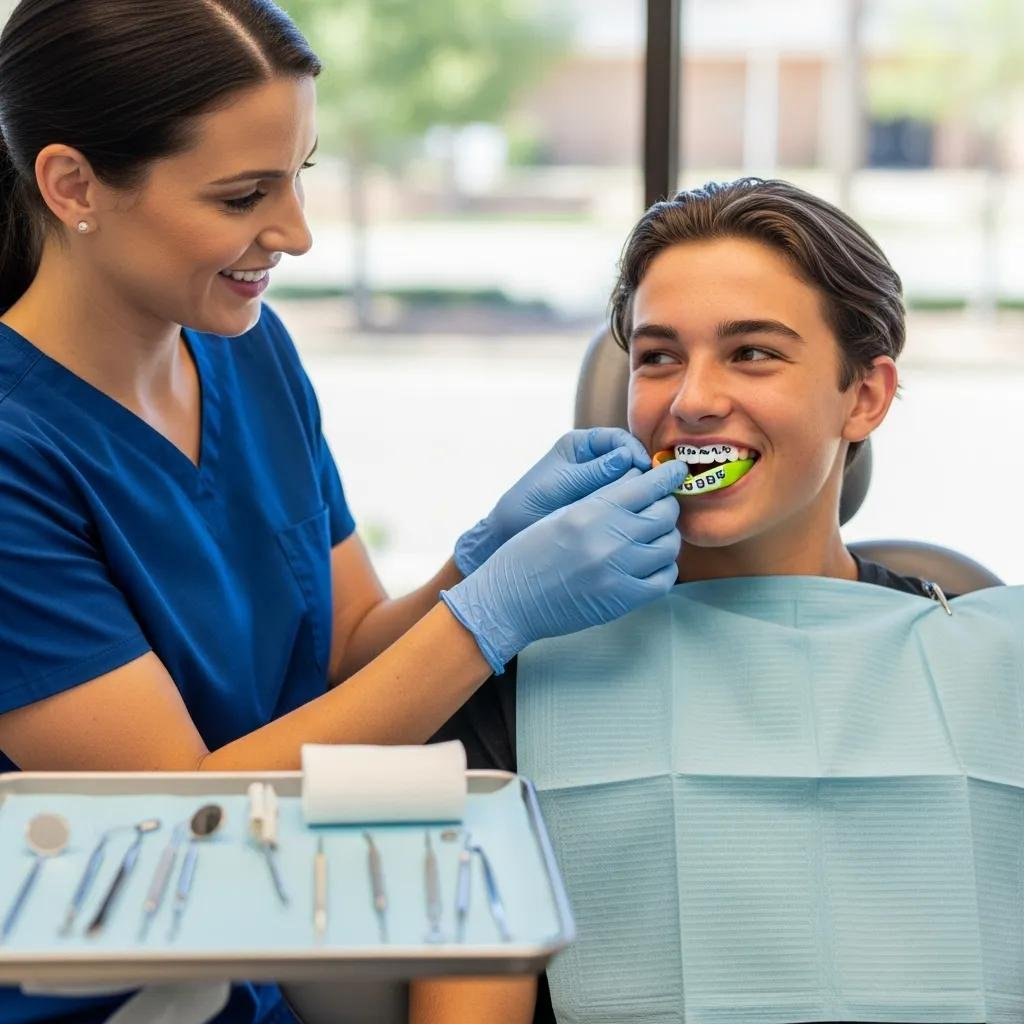 Custom sports mouthguard fitting in a dental office with an athlete and dental professional