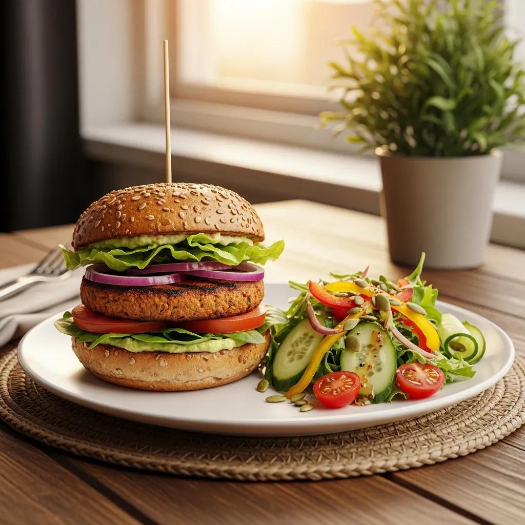 Delicious vegan burger and salad representing plant-based dining options in Plano