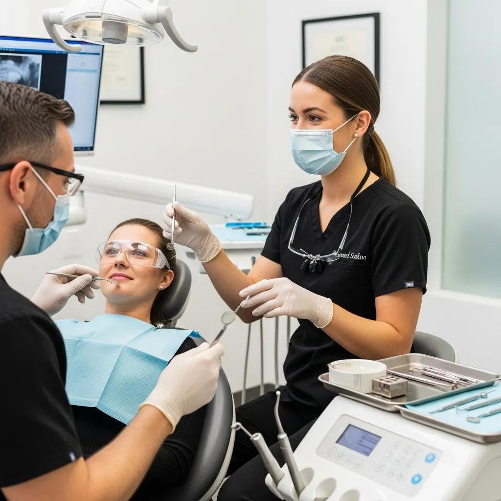 Dental assistant assisting a dentist during a procedure, highlighting teamwork in dental practice