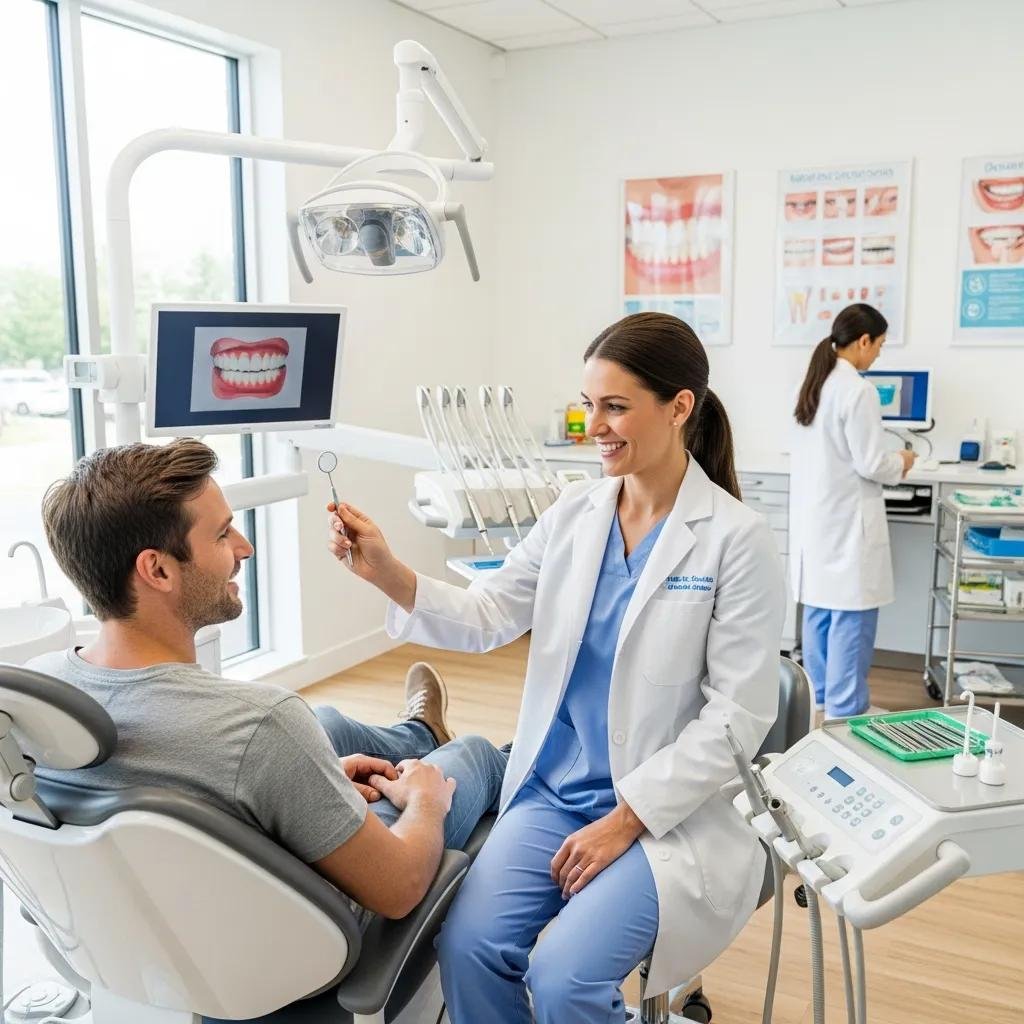 Dental clinic scene with a dentist and patient, emphasizing oral health care