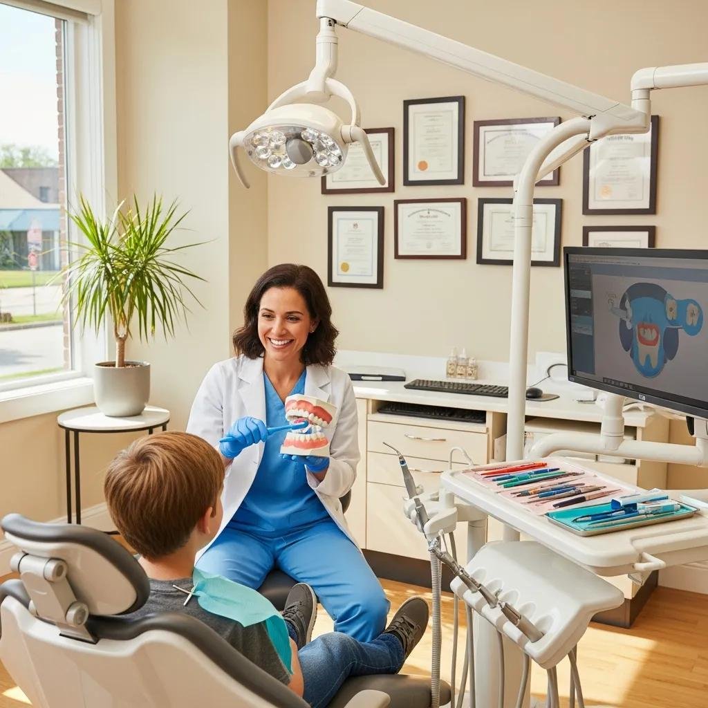 Dental office scene with a dentist demonstrating brushing techniques to a patient