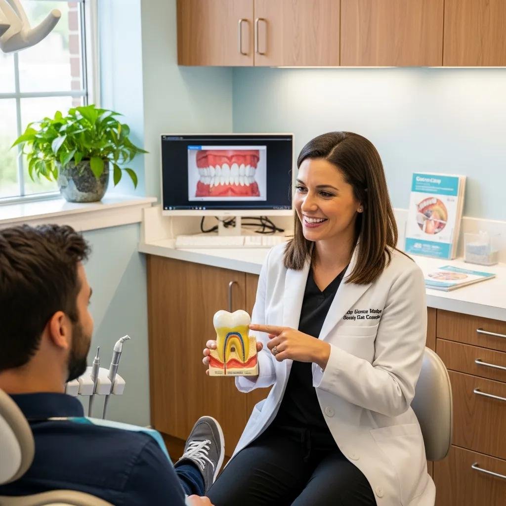 Dental office scene with a dentist explaining dental terms to a patient using a tooth model