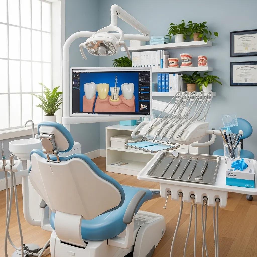 Dental office with tools and equipment, emphasizing dental fillings and patient care