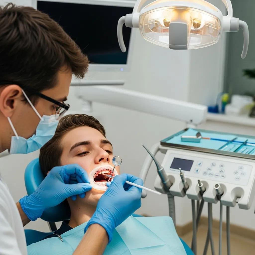 Dentist applying dental sealant to a patient's molar in a dental office