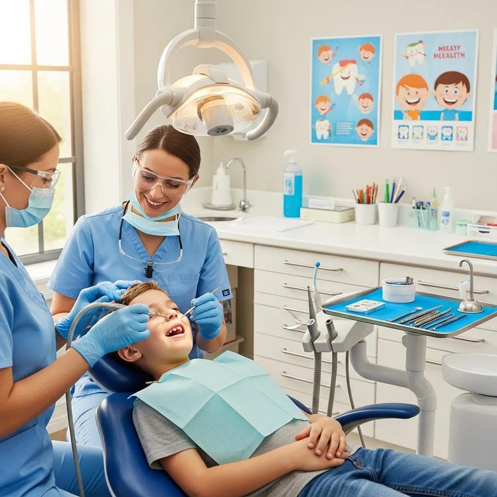 Dentist applying dental sealants to a child's molar in a bright dental office