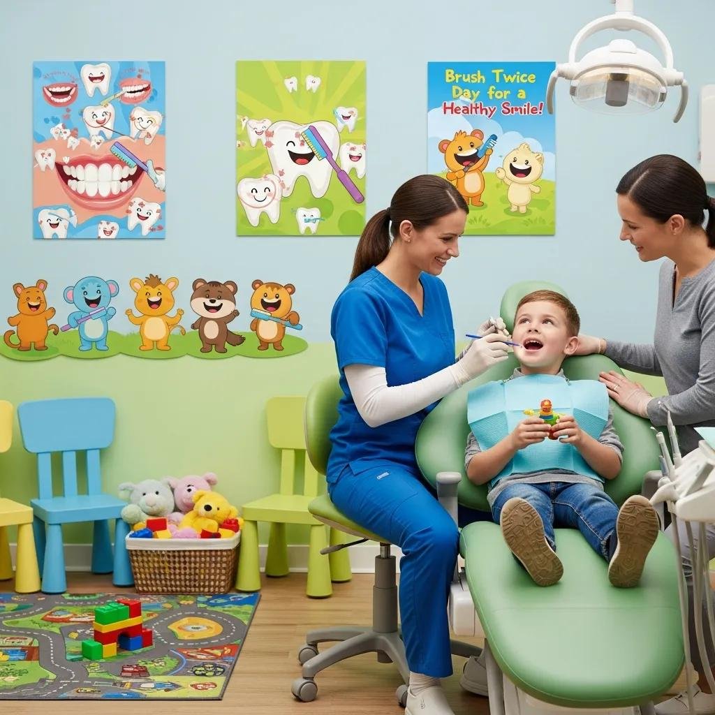 Dentist examining a child's teeth in a family-friendly dental practice