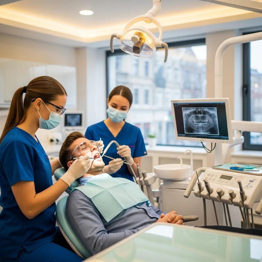Dentist performing a dental cleaning on a patient, showcasing professional gum treatment