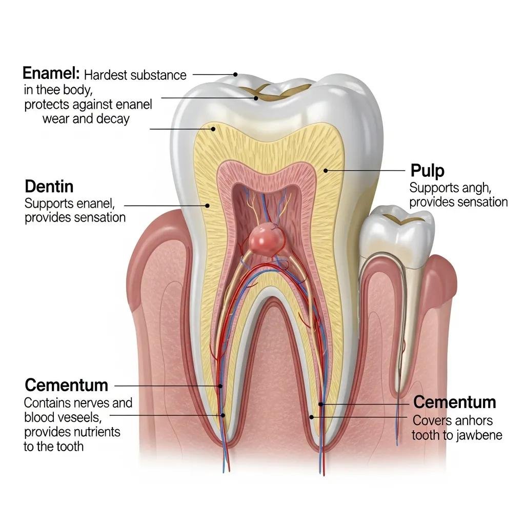 Diagram showing the roles of enamel, dentin, pulp, and cementum in tooth structure