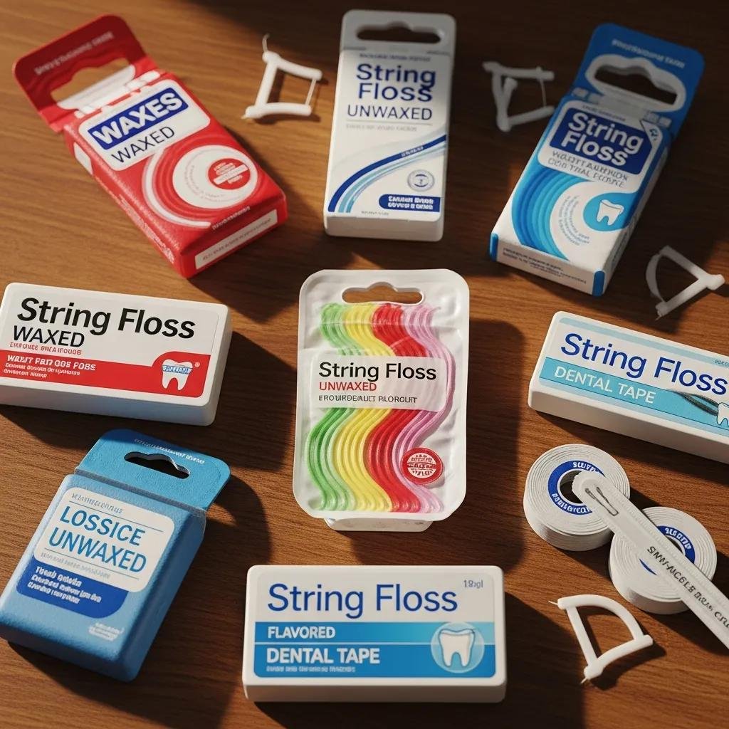 Different types of string floss arranged on a wooden surface, highlighting their advantages