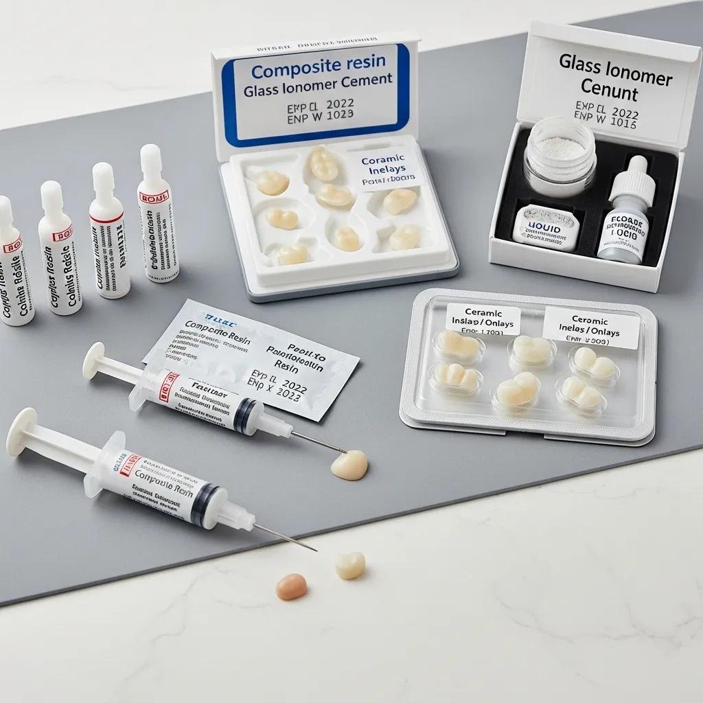 Display of dental filling materials including composite, ceramic, and glass ionomer, emphasizing amalgam-free options