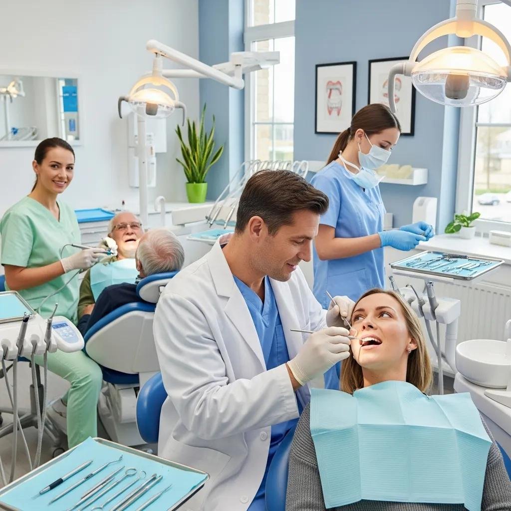 Diverse dental professionals collaborating in a modern clinic, highlighting teamwork in oral health care
