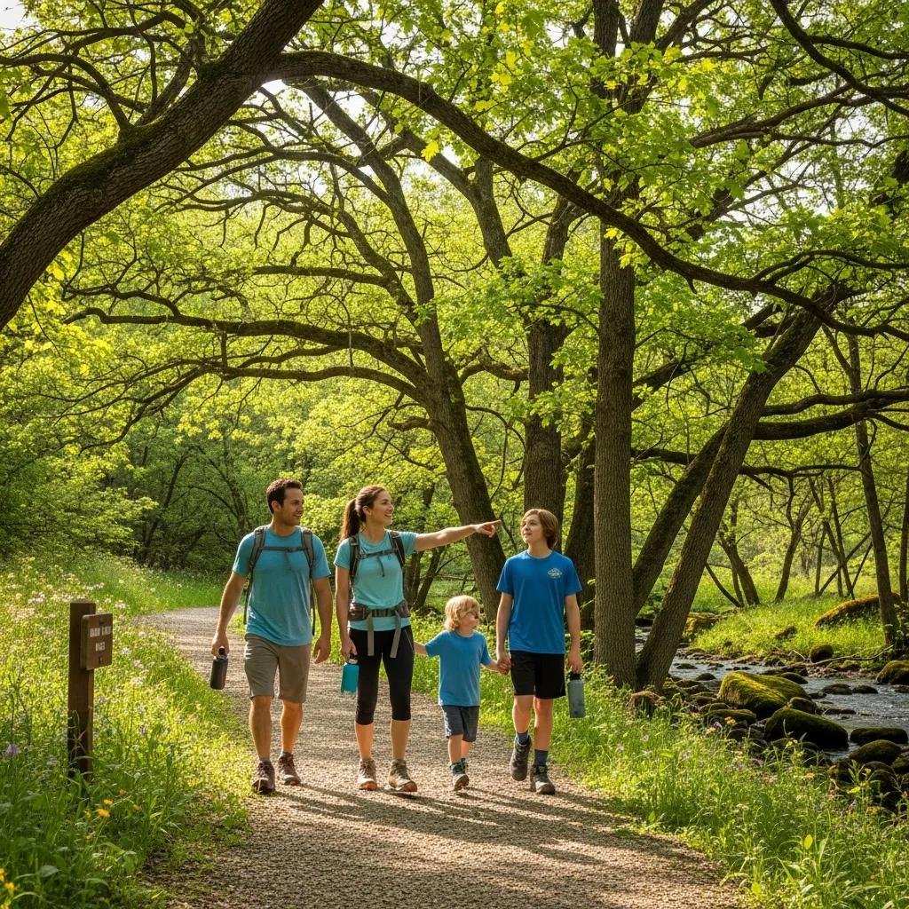 Families hiking safely at Arbor Hills Nature Preserve, enjoying nature and promoting healthy habits