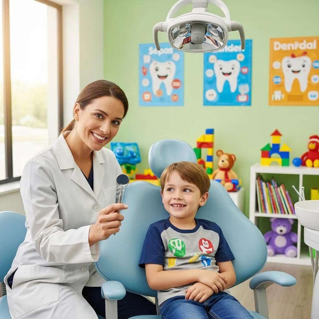 Family dentist in a welcoming office engaging with a child, emphasizing comfort and care