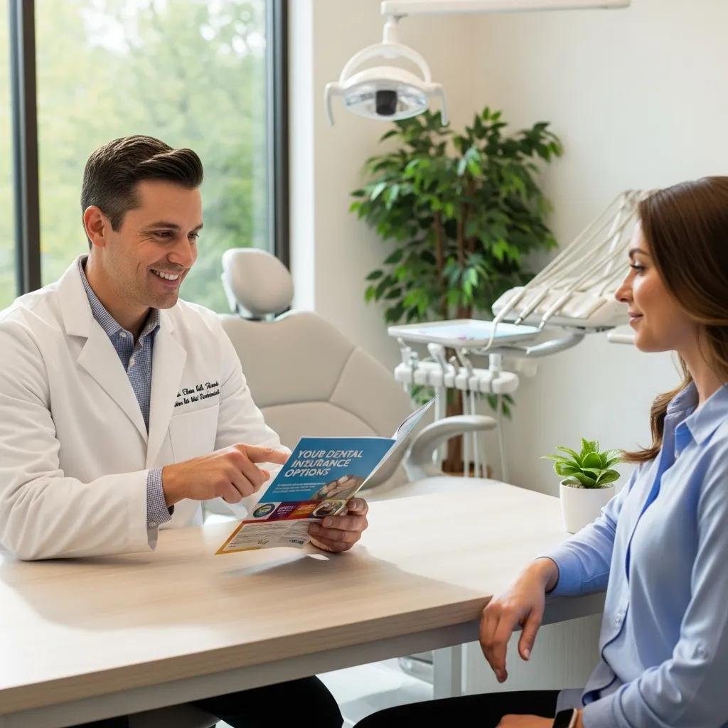 Friendly dentist discussing dental insurance updates with a patient in a welcoming dental office