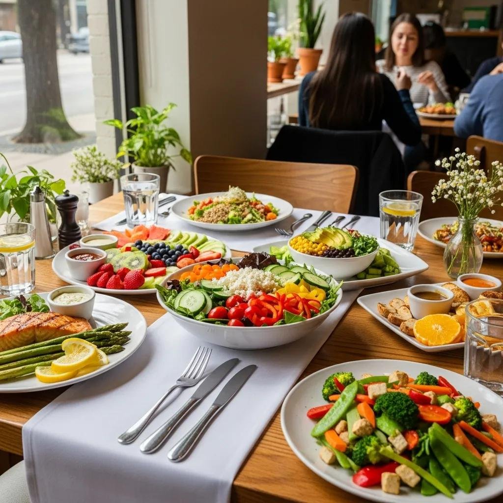 Healthy dining options in Plano, TX showcasing colorful salads and fresh fruits