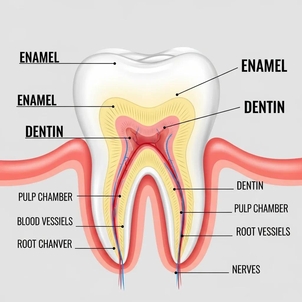 Illustration of tooth anatomy highlighting enamel, dentin, pulp, and gums for patient education