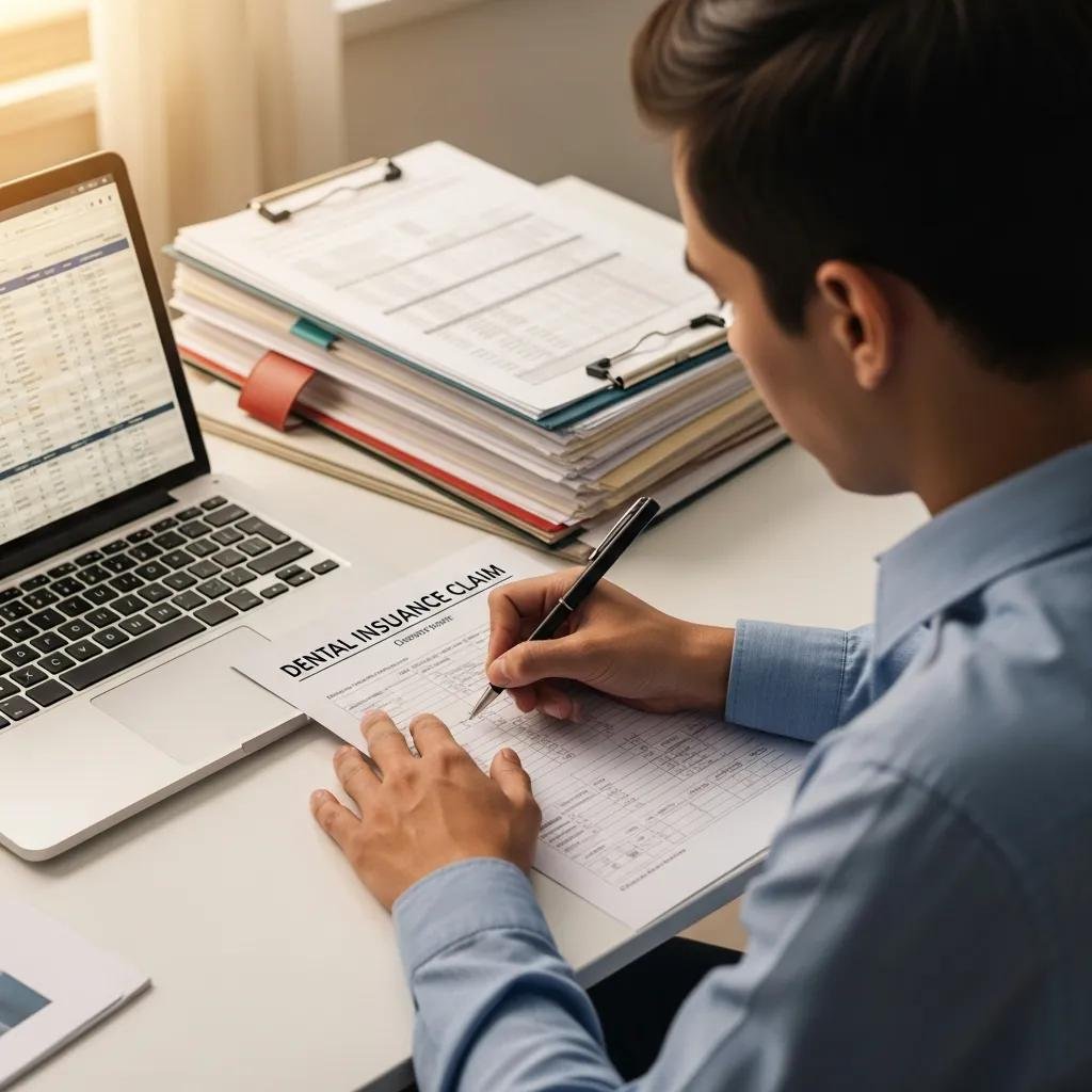 Individual filling out a dental insurance claim form at a tidy workspace