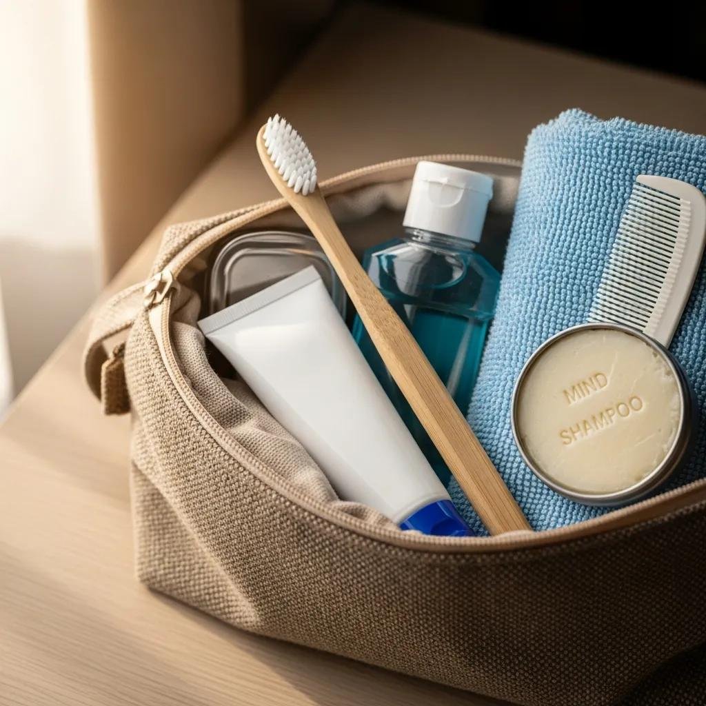 Manual toothbrush and travel essentials in a toiletry bag