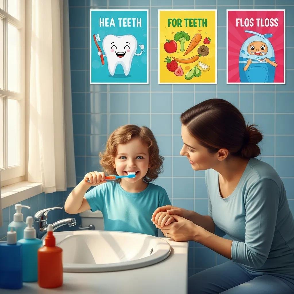 Parent assisting child with brushing teeth, emphasizing dental health and hygiene