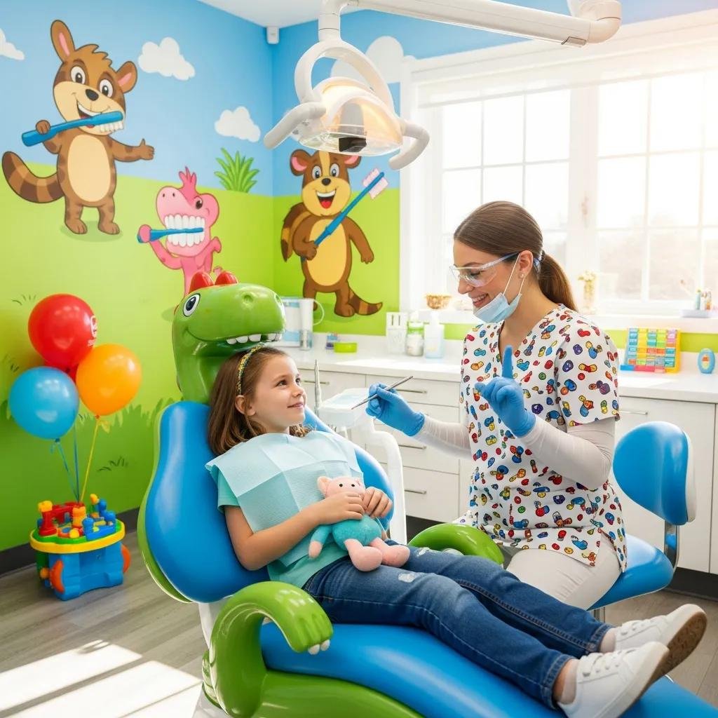 Pediatric dentist conducting a check-up on a child in a colorful dental office, highlighting child-friendly services
