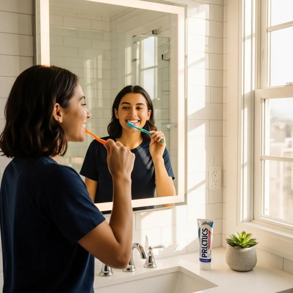 Person brushing teeth in a bright bathroom, promoting good dental hygiene practices