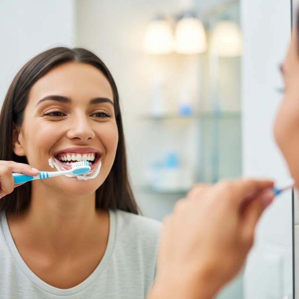 Person brushing teeth in a bright bathroom, showcasing effective oral hygiene