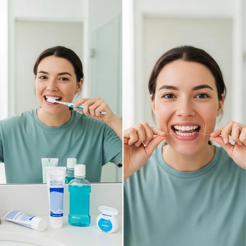 Person demonstrating proper brushing and flossing techniques in a bright bathroom setting
