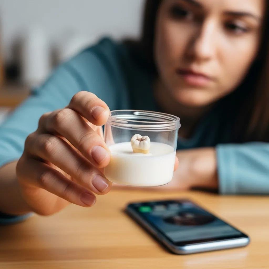 Person holding a knocked-out tooth in milk, illustrating dental emergency response