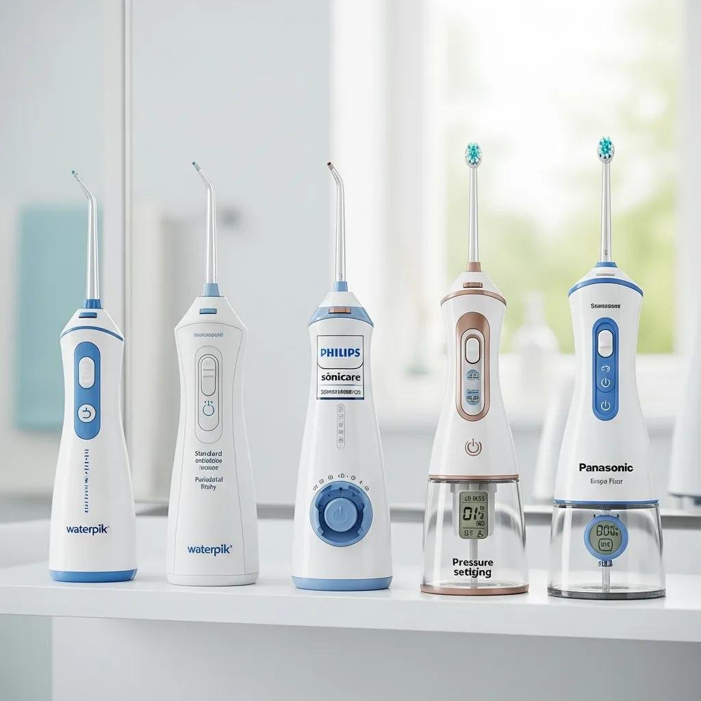 Popular water flosser brands displayed on a bathroom shelf, showcasing features and variety