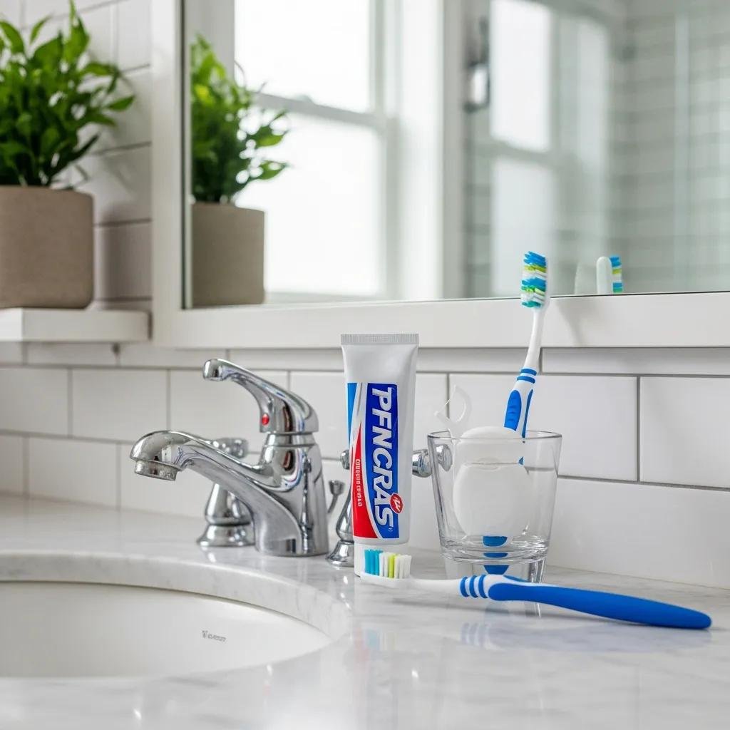 Toothbrush and dental care products on a bathroom sink, highlighting daily dental routines