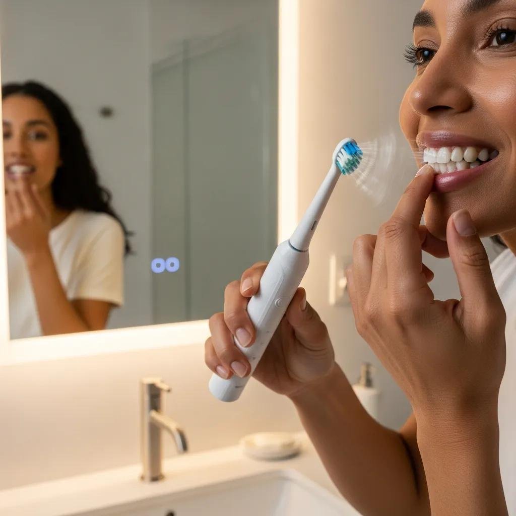 User demonstrating the features of an electric toothbrush in a modern bathroom
