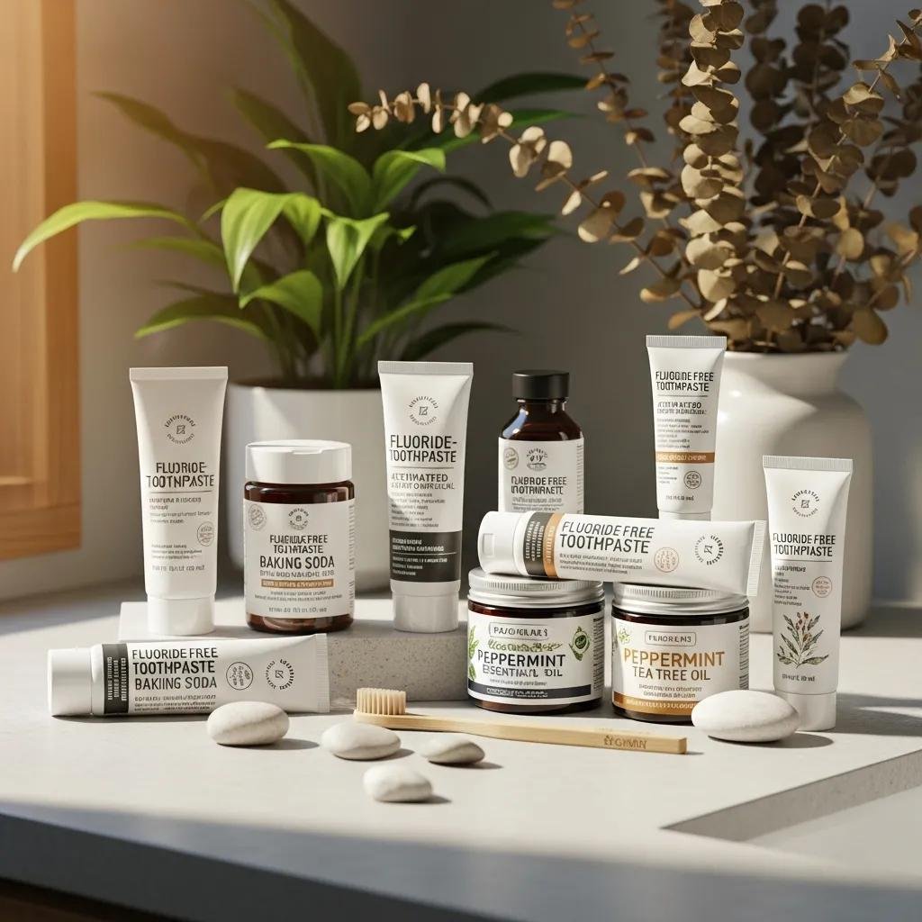 Variety of fluoride-free toothpaste options with natural ingredients on a bathroom counter