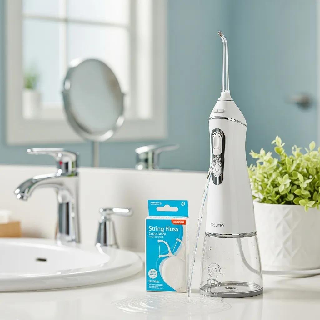 Water flosser and string floss on a bathroom countertop, highlighting oral hygiene methods