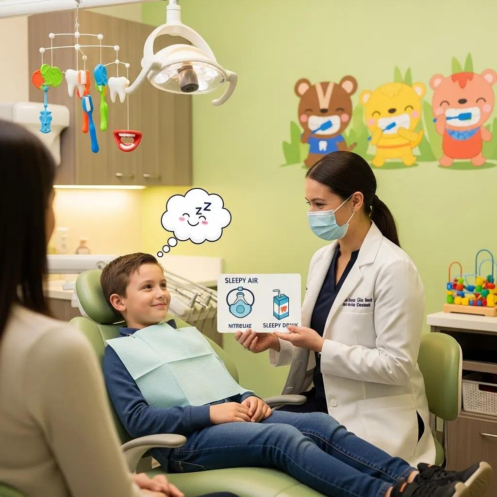 Child in a dental chair discussing sedation options with a friendly dentist