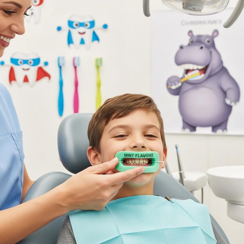 Child receiving fluoride treatment in a cheerful pediatric dental office