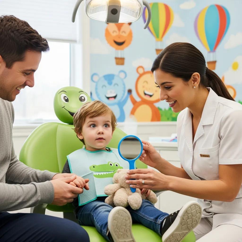 Child's first dental visit with a dentist explaining procedures in a friendly environment