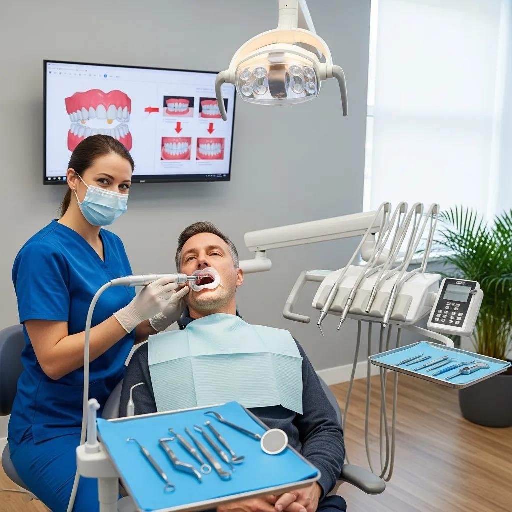 Dental hygienist performing scaling and root planing treatment in a modern dental office