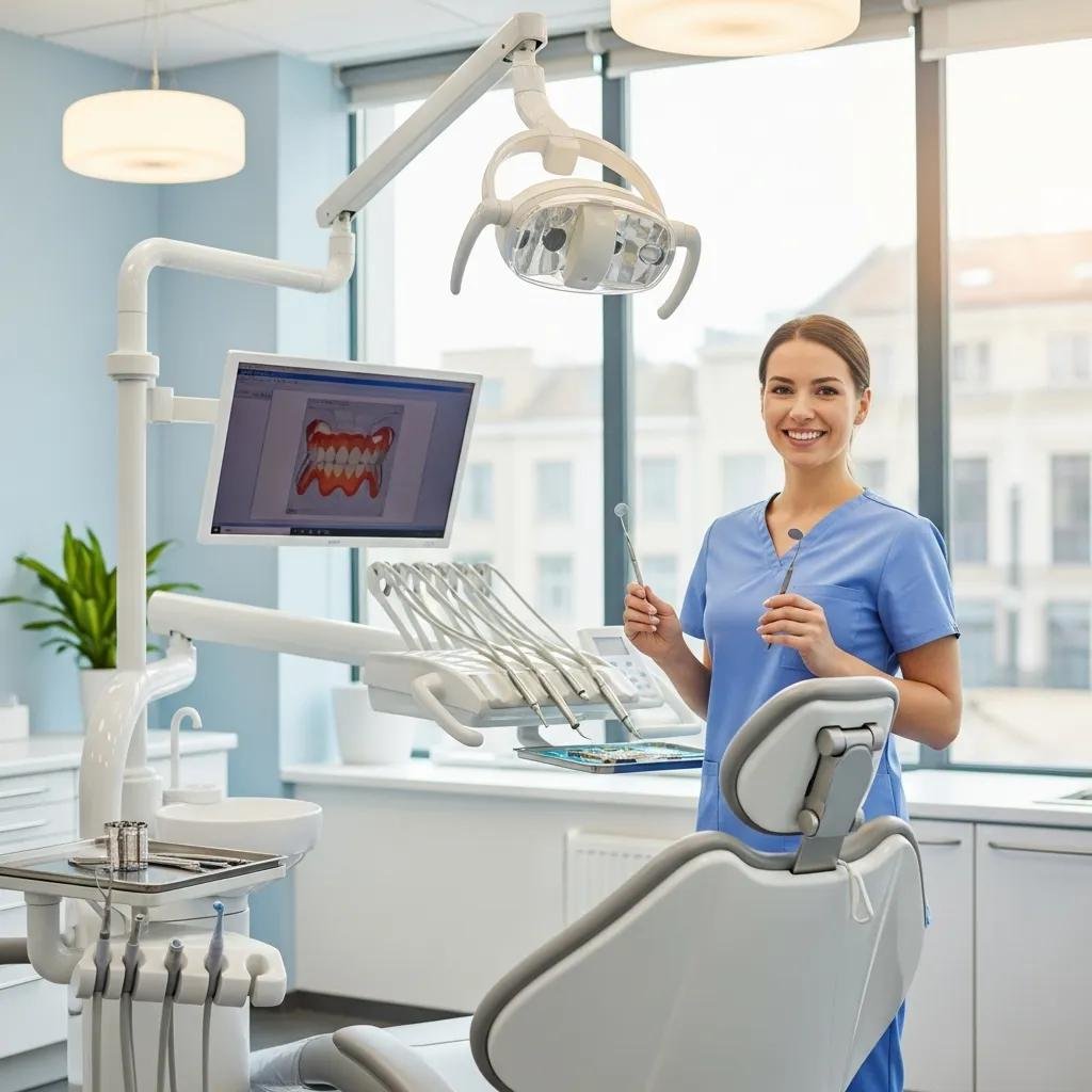 Dental hygienist preparing for a cleaning session in a modern dental office