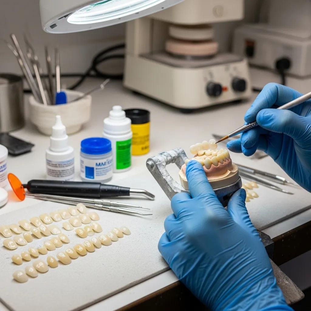 Dental technician applying porcelain veneers on a model tooth, illustrating veneer options