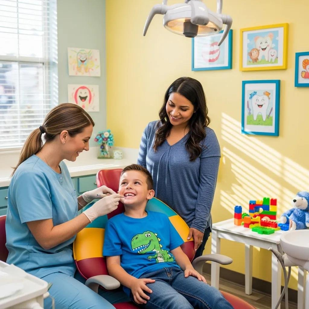 Dentist examining a child's teeth in a family-friendly dental clinic, promoting positive dental experiences