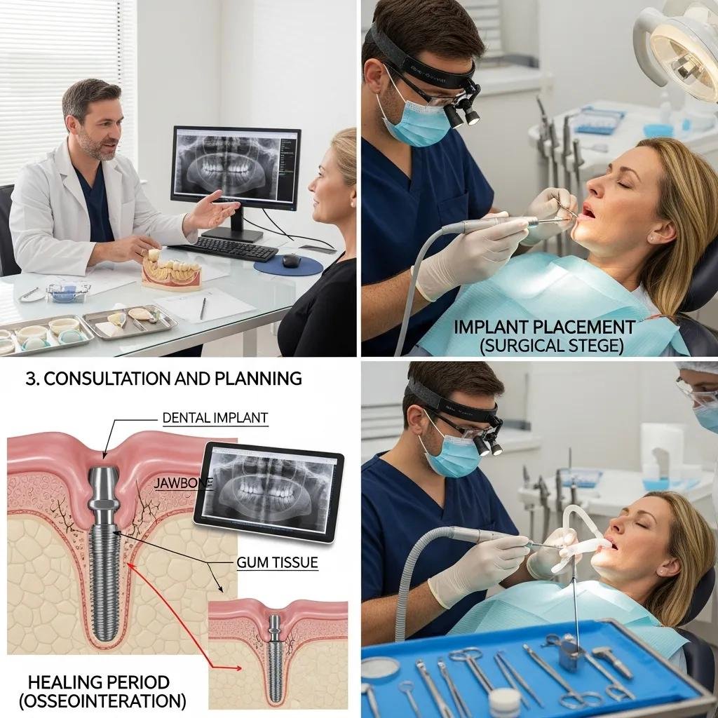 Dentist explaining dental implant procedure to a patient in a dental office