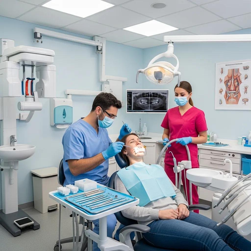 Dentist providing emergency care to a patient in a dental clinic