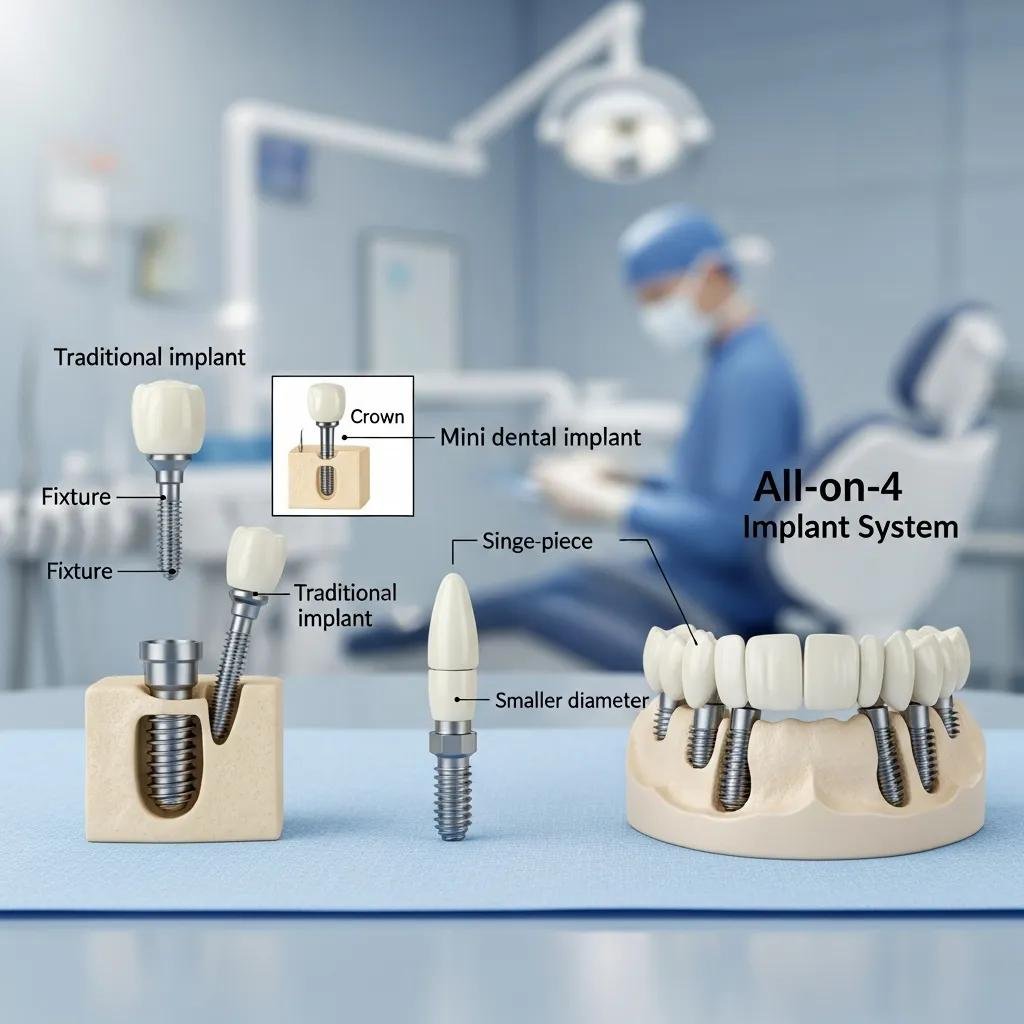 Different types of dental implants including traditional, mini, and All-on-4 options