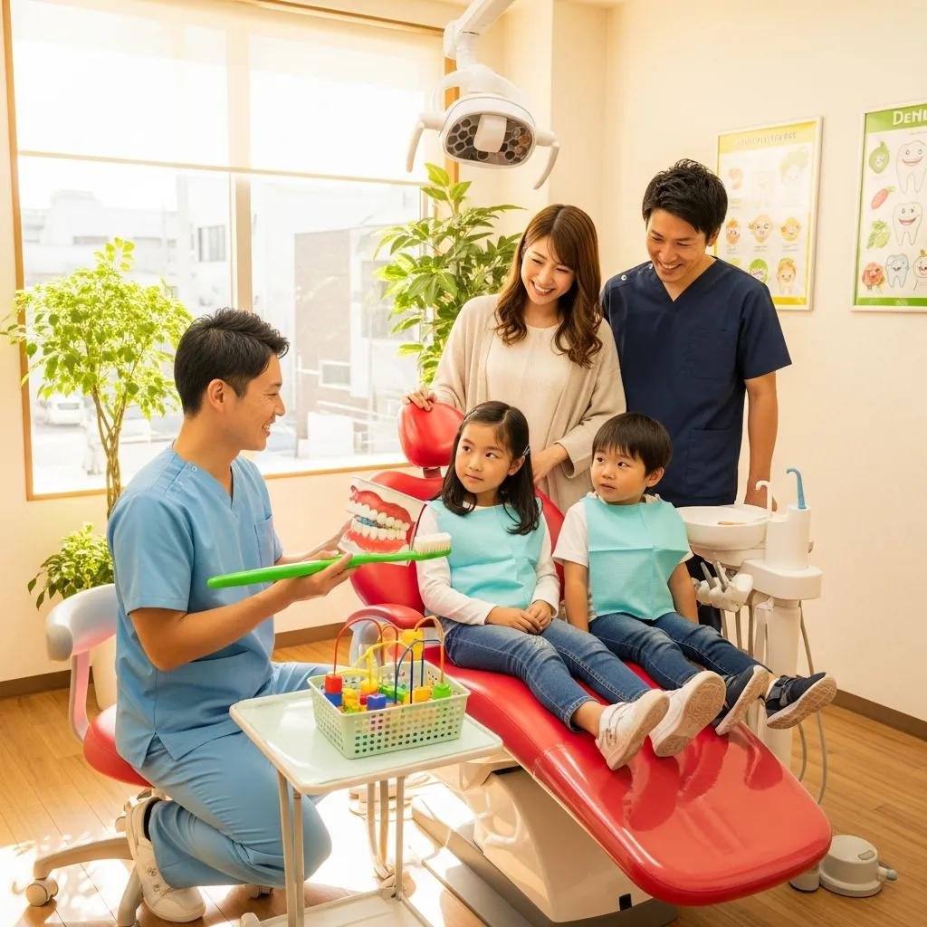 Family-friendly dental office with a dentist engaging with children and parents, emphasizing routine dental care