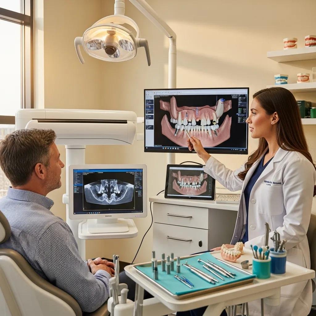 Patient discussing preparation steps for dental implant surgery with a dentist